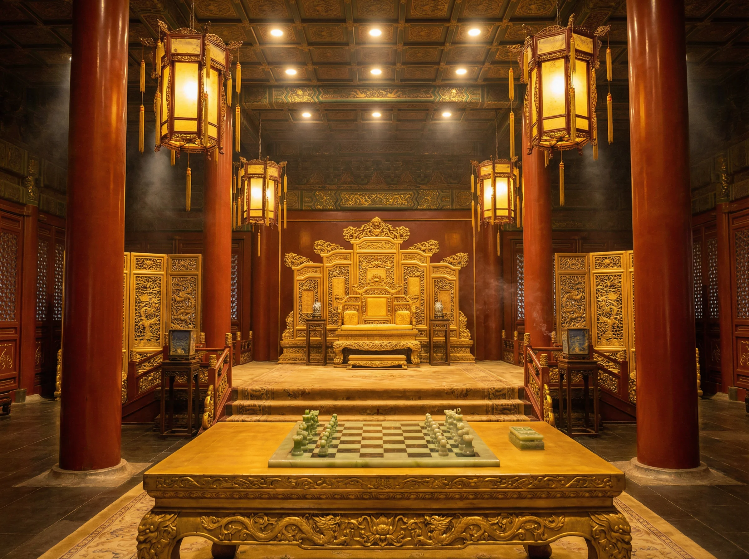 紫禁城金銮殿内景与棋盘 - 天下棋牌 帝王弈道